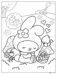 My Melody coloring page sleeping with bird and basket