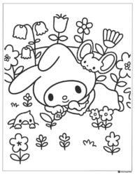 My Melody coloring page surrounded by flowers