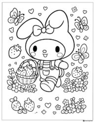 My Melody coloring page with a basket of strawberries