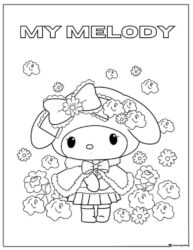 My Melody coloring page with a bow and flowers