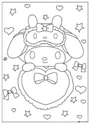 My Melody coloring page with a sleeping mask and heart