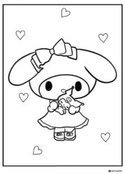 My Melody coloring page with a toy and hearts