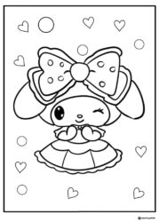 My Melody coloring page with a winking face and bow