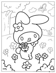 My Melody coloring page with flowers and butterfly