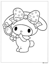 My Melody coloring sheet holding a mirror