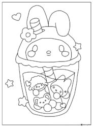 My Melody drink with characters coloring sheet