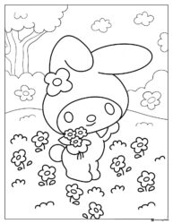 My Melody holding flowers in field coloring sheet