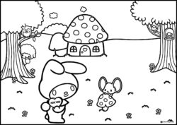My Melody holding heart in forest coloring sheet