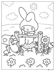 My Melody on fence with birds coloring page