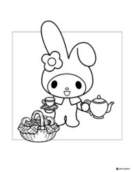 My Melody serving tea and pastries coloring page