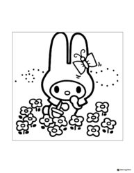 My Melody standing among flowers coloring sheet