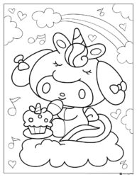 My Melody unicorn coloring page with cupcake and rainbow