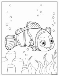 Nemo Coloring Page swimming with bubbles and coral