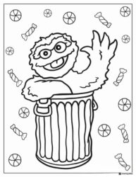 Oscar the Grouch Coloring Page in trash can with candy