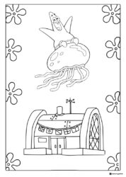 Patrick riding jellyfish above Krusty Krab Coloring Page