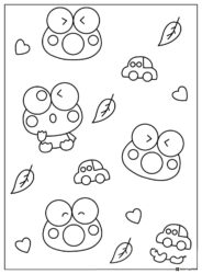 Pattern of Keroppi cars hearts and leaves coloring sheet