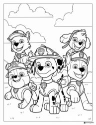Paw Patrol Group Coloring Page with Five Pups Outdoors