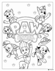 Paw Patrol Team Coloring Page with Logo and Ryder Jumping