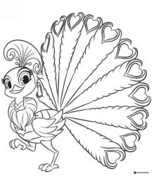 Peacock with heart shaped tail feathers coloring page