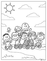 Peanuts gang and Snoopy waving happily Coloring Page