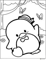 Pekkle Duck coloring page with butterflies and flowers
