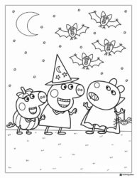 Peppa Pig Coloring Page Halloween scene with Peppa and friends