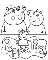 Peppa Pig Coloring Page Mummy and Daddy Pig with Peppa logo