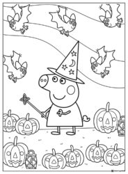 Peppa Pig Coloring Page Peppa Witch among pumpkins and bats