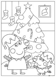Peppa Pig Coloring Page Peppa and George as elves by a tree
