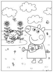 Peppa Pig Coloring Page Peppa and George watering flowers