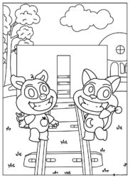 Piggy and Catnap on train tracks Coloring Page 1