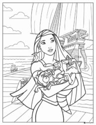Pocahontas on Ship with Animals Coloring Page