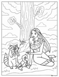 Pocahontas with Animals Under Tree Coloring Page