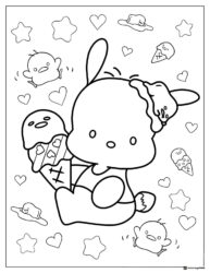 Pochacco Coloring Page with ice cream chicks and hearts