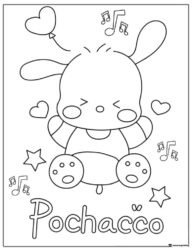 Pochacco coloring sheet with musical notes and stars