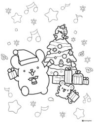 Pompompurin Christmas coloring page with gifts and tree