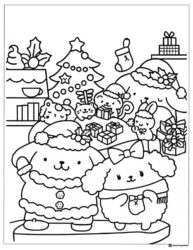 Pompompurin Coloring Page celebrating Christmas with friends and gifts