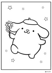 Pompompurin Coloring Page holding a flower with stars