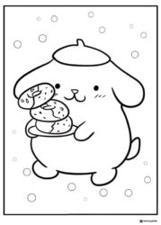 Pompompurin Coloring Page holding a stack of donuts