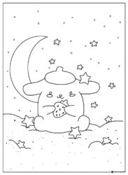 Pompompurin Coloring Page holding a strawberry under a crescent moon