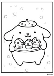 Pompompurin Coloring Page holding a tray of cupcakes