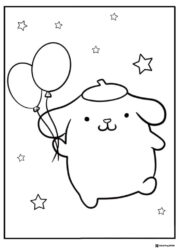 Pompompurin Coloring Page holding balloons with stars
