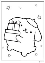 Pompompurin Coloring Page holding stacked gifts and stars