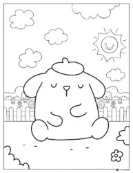 Pompompurin Coloring Page outdoors with sun clouds and fence