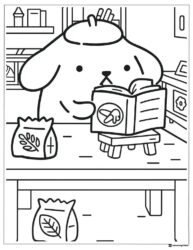 Pompompurin Coloring Page reading a book in a kitchen