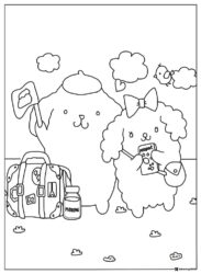 Pompompurin Coloring Page traveling with luggage and friend