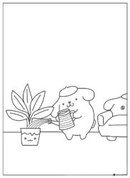 Pompompurin Coloring Page watering a potted plant