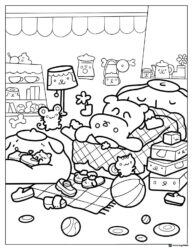 Pompompurin Coloring Page with a full room of items and friends