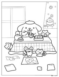 Pompompurin Coloring Page with friends at a kotatsu table