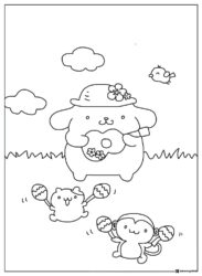 Pompompurin Coloring Page with hat playing ukulele with friends